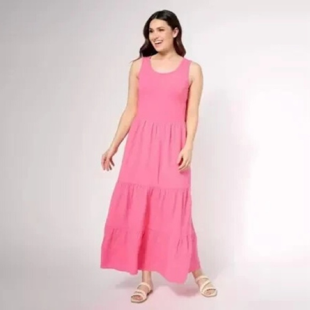 Belle Beach Kim Gravel Pink Gauze Tiered Maxi Dress Cotton Tank Sundress 1X